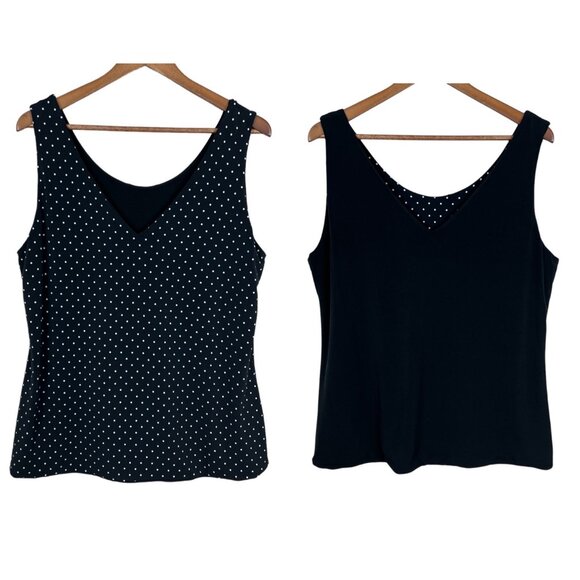 Reversible Tank Top Womens Large Black White Polka Dot Solid Sleeveless V-Neck - Picture 1 of 10